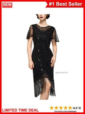 1920s Flapper Dress Sequin Fringe Short Sleeve Great Gatsby Prom Costume